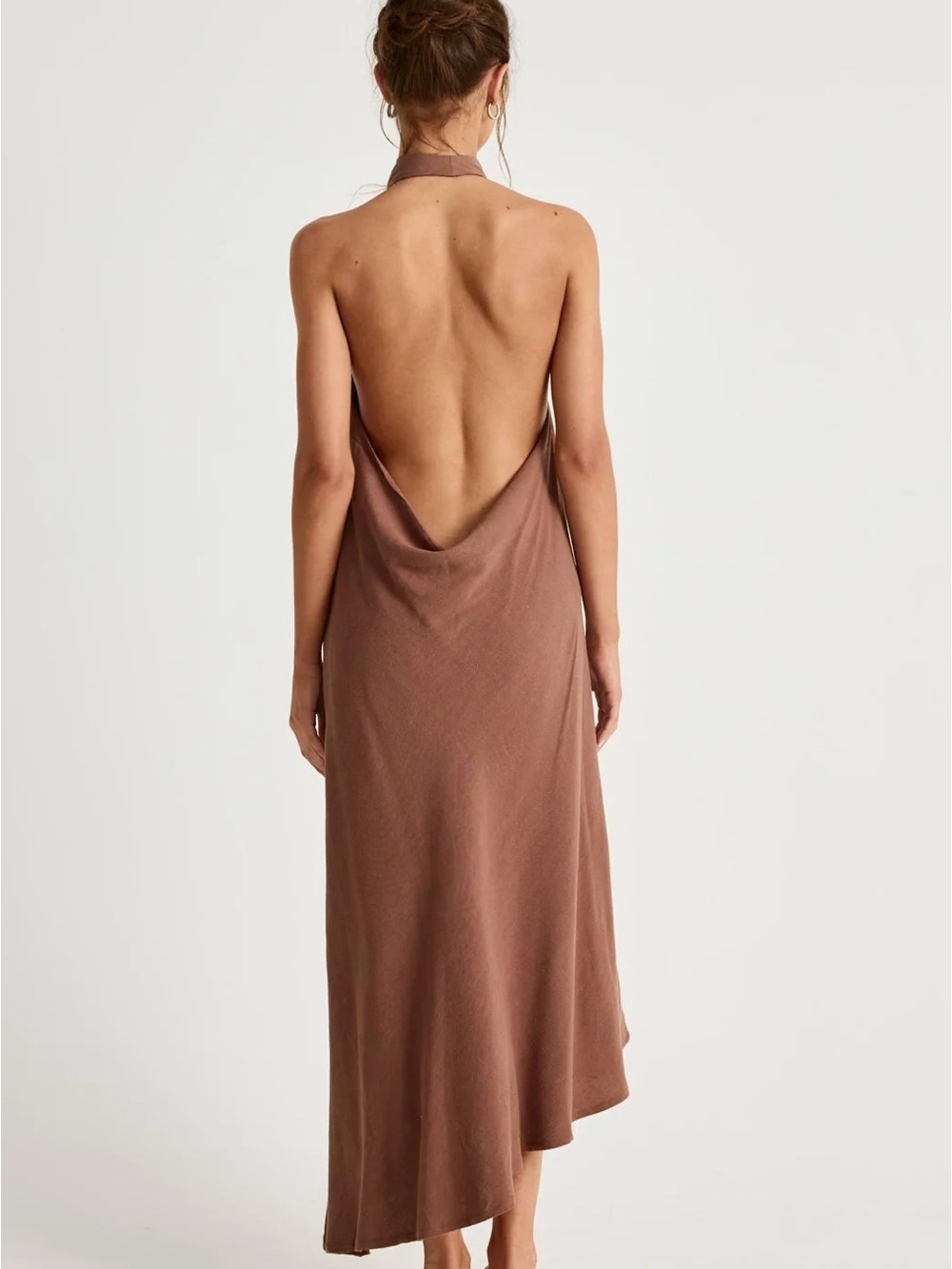 Backless asymmetrical Halter Maxi Dress in oak Brown